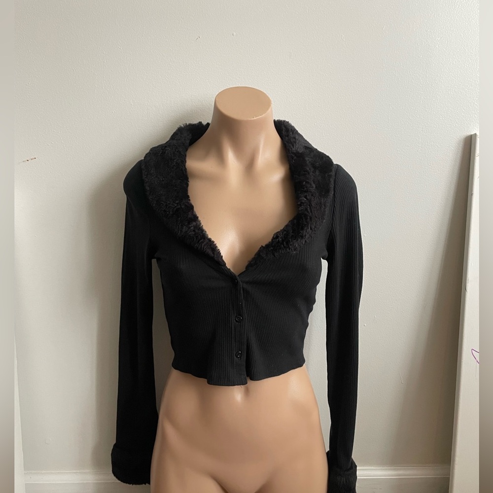 Black Fur Trim Crop Top